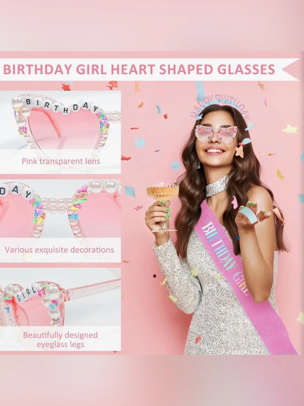 3 PCS Birthday Girl Set. Sash, Tiara & Heart Shaped Glasses.
